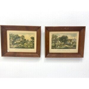 Two Lithograph Wood Framed American Homestead Prints Courier & Ives 10" x 8"